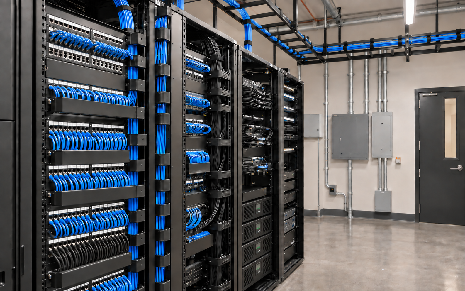 Illustrative commercial network room with organized racks, ladder rack, and structured cabling